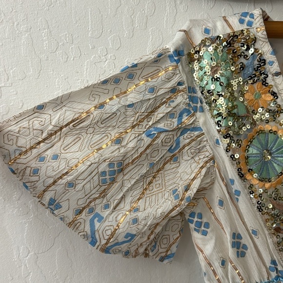 Boho Blue Gold Orange Metallic Sequin V Neck Tassel Made in India Tiered Dress - Picture 4 of 8